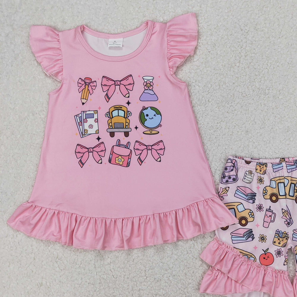 4.12 GSSO1910 RTS NO MOQ Baby Girls Summer Outfits Flutter sleeves pencil bow kids girls back to school outfits