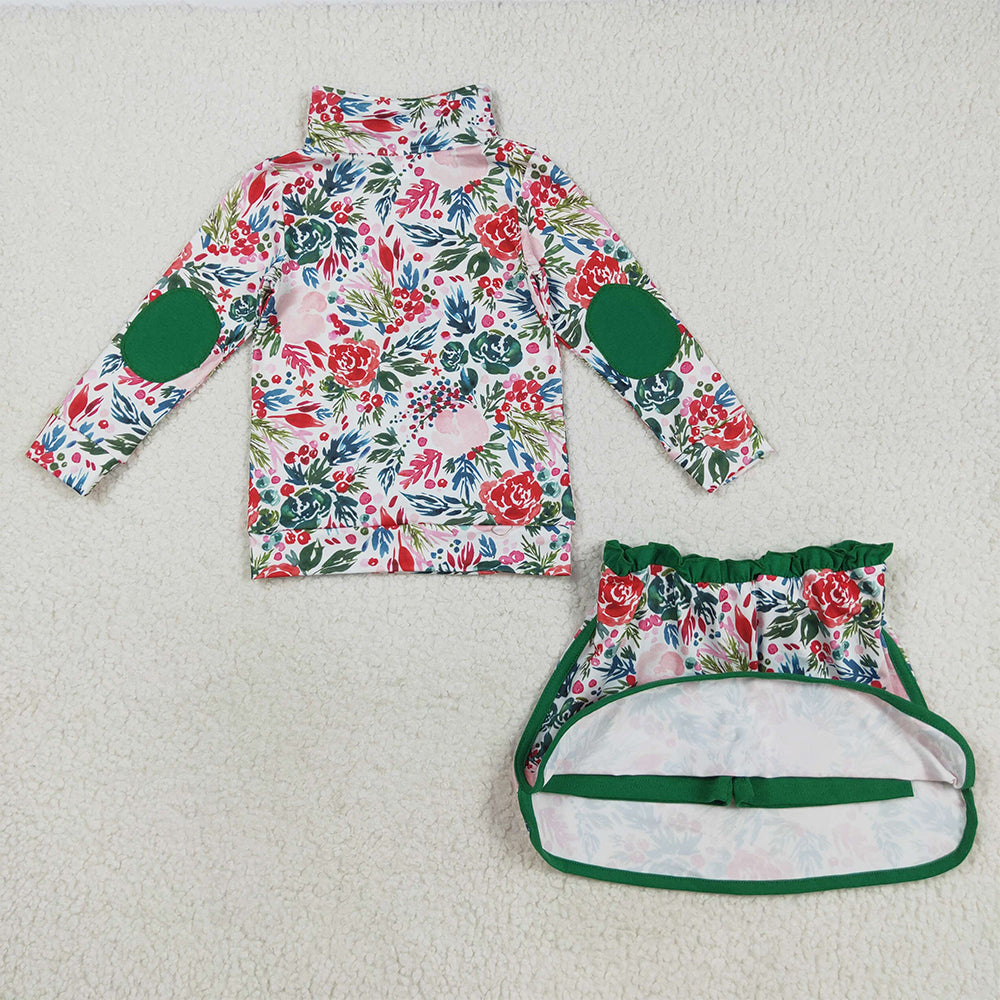 RTS NO MOQ (In stock)GLD1075 Baby Girls Outfits Baby Girls Long Sleeves Green Red Floral Zip Pullovers Top Skorts Clothes Set