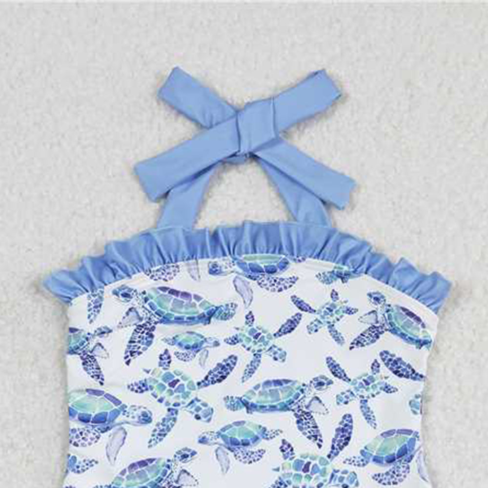 S0430Girls Turtle Halter One Piece Swimsuit Summer Fun Floral Print Swimwear for Kids