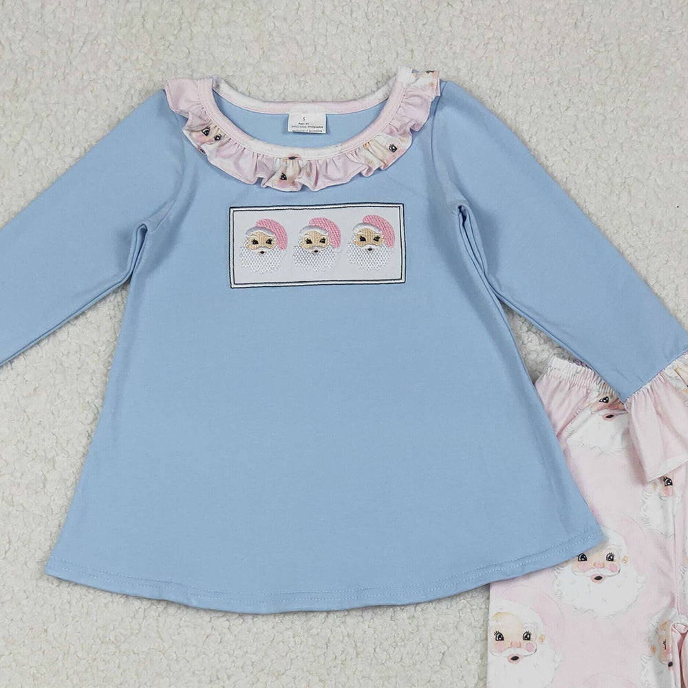 RTS NO MOQ (In stock)GLP1226 Baby Girls Winter Outfits Light Blue Santa Tunic Pants Set Girls Christmas Outfit Holiday Costume Children's Clothing