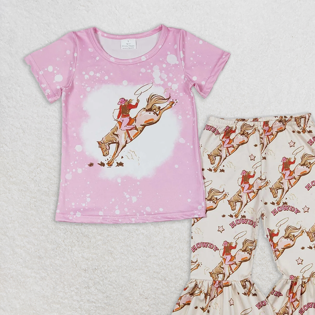 GSPO1487 RTS NO MOQ Baby Girls Spring Outfits howdy riding pink short-sleeved trousers suit