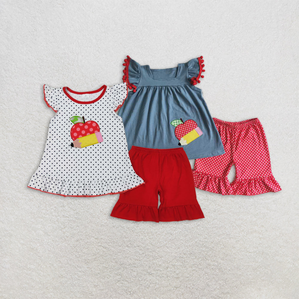 6.04 Girls Back to School Clothing Sets Apple Pencil Embroidery Cute Fashionable Kids Outfits for Elementary School Students