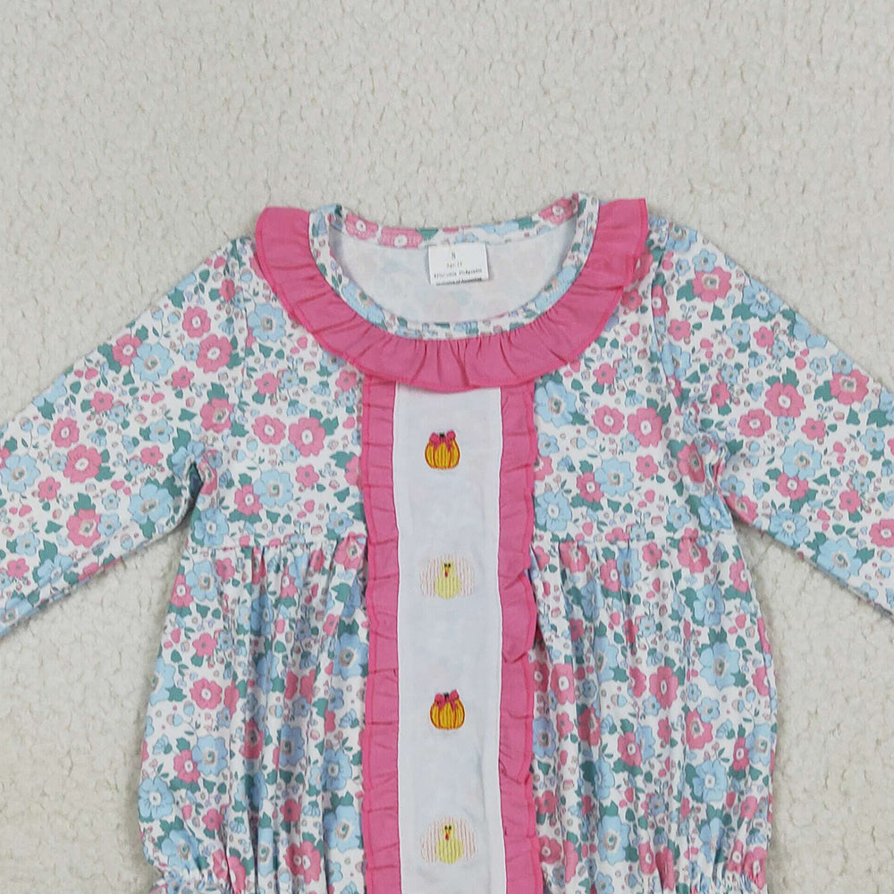 7.10 LR2219 RTS NO MOQ Baby Girls Winter Rompers Embroidery Baby Girls Long Sleeves Turkey Pumpkins Floral Ruffle Rompers