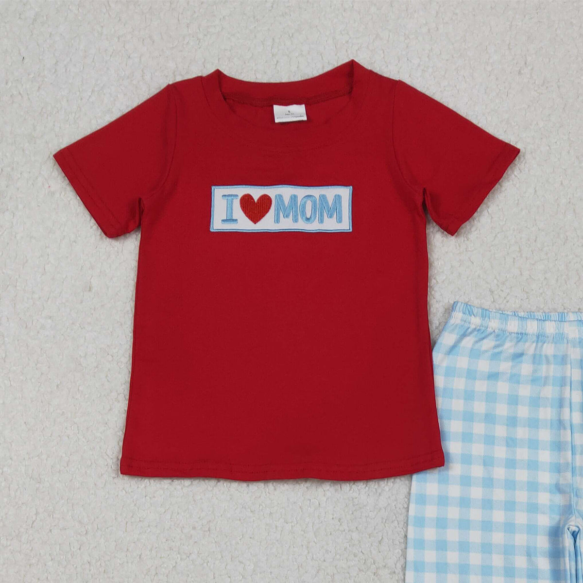 10.22 RTS NO MOQ (In stock)BSPO0588 Embroidery I Love Mom Baby Boys Shirts Checked Pants Clothes Sets