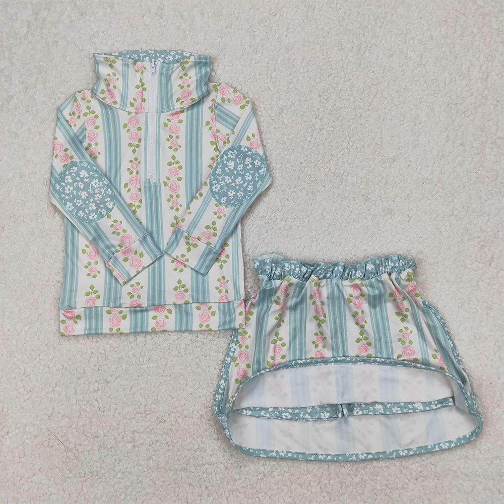 GLD1001 RTS NO MOQ Baby Girls Yoga Outfits Baby Girls Aqua Long Sleeves Floral Stripe Zipper Pullover Skirts With Short Set