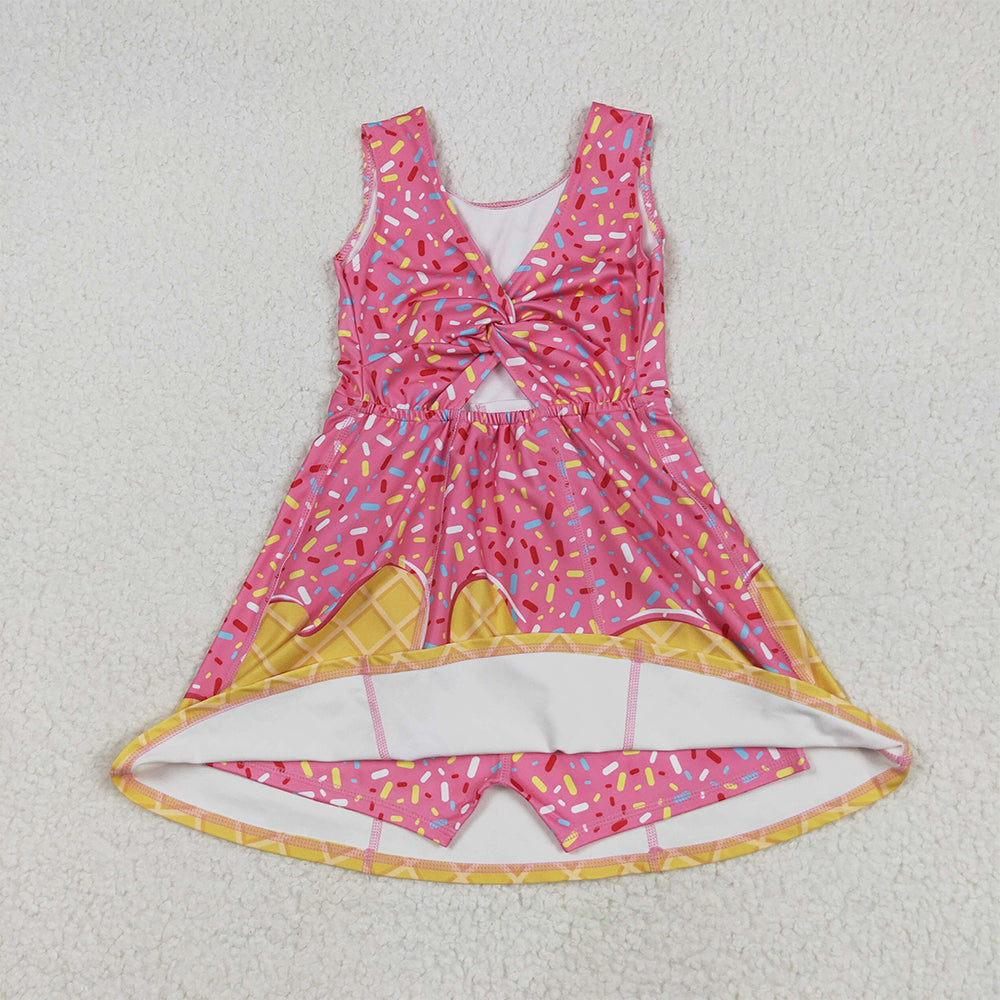 7.05 GSD2417RTS NO MOQ Baby Girls Summer Yoga Dress Baby Girls Pink Ice-cream Drip Yoga Skort Knee Length Dresses