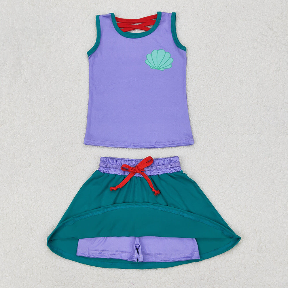 4.22 GSD2064 RTS NO MOQ Purple green sleeveless shell princess top skirt girls clothes