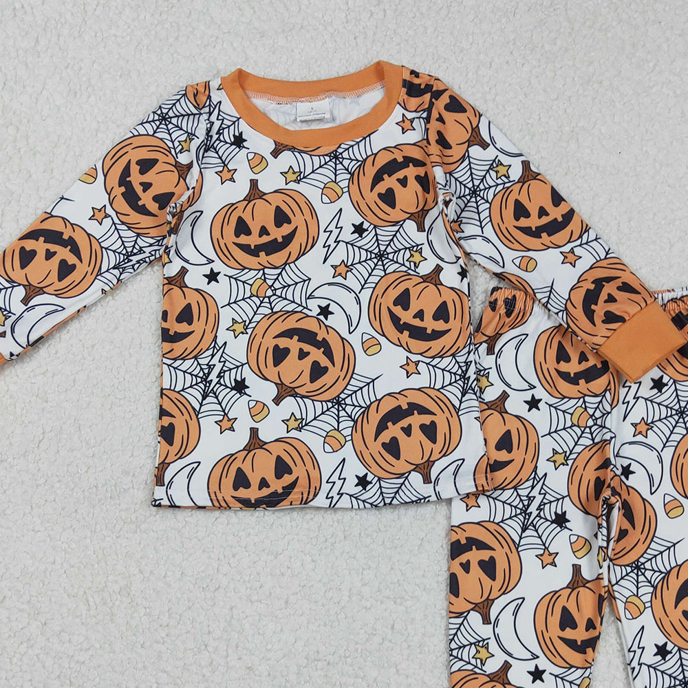 RTS NO MOQ (In stock)BLP1210 Baby Boys Winter Outfits Ghost And Pumpkins Halloween Pajamas Set Top And Pants Outfit