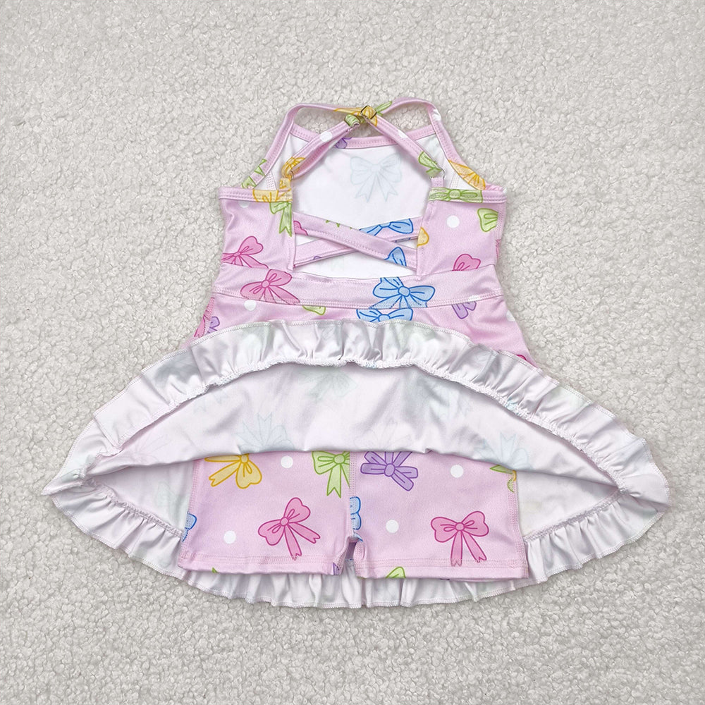 4.09 GSD2294RTS NO MOQ Baby Girls Summer Dress Straps pink polka dots bow ruffle kids girls athletic dress