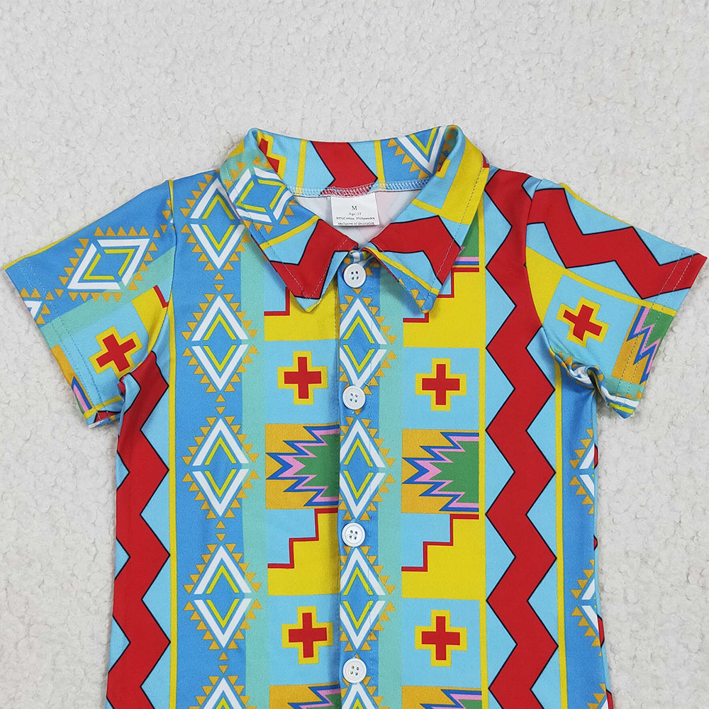 6.18 BT1225 RTS NO MOQ Baby Boys Short Sleeves Colorful Aztec Print Button Shirts Top