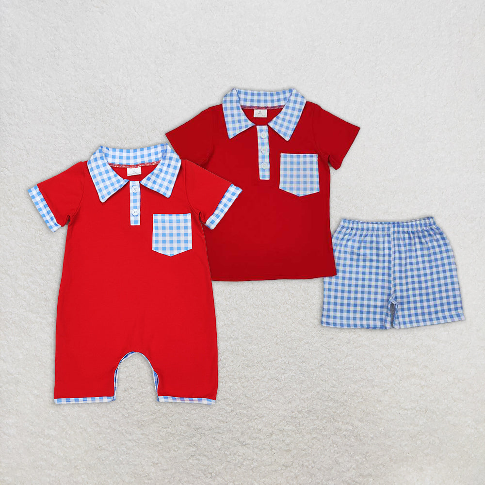4.14 RTS NO MOQ Baby Boys Red Polo Top Blue Gingham Shorts Set