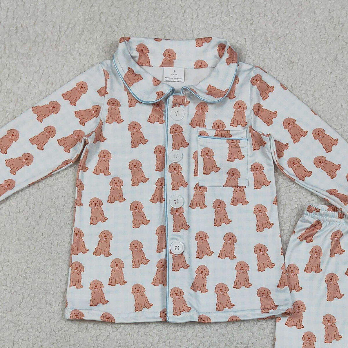 2.3 RTS NO MOQ (In stock)BLP1408 Baby Boys Blue Checked Dogs Button Pocket Top Pant Pajamas Sets