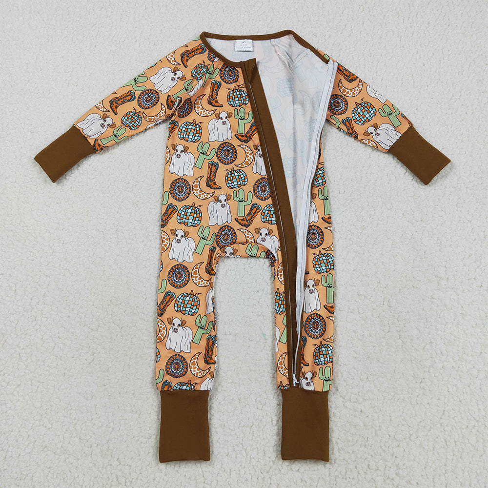 RTS NO MOQ (In stock)LR2463 Baby Boys Winter Rompers Baby Boys Western Cactus Boots Cows Zipper Footie Rompers
