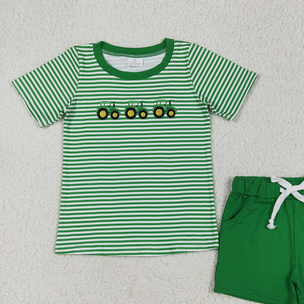 6.03 BSSO1374 RTS NO MOQ Baby Boys Summer Boys Outfits Embroidery Baby Boys Green Farm Trucks Tops Pockets Shorts Clothes Sets