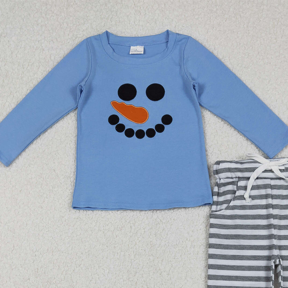 RTS NO MOQ (In stock)BLP1231Baby Boys Winter Outfits Christmas Blue Snowmen Top Stripe Pockets Pants Sets