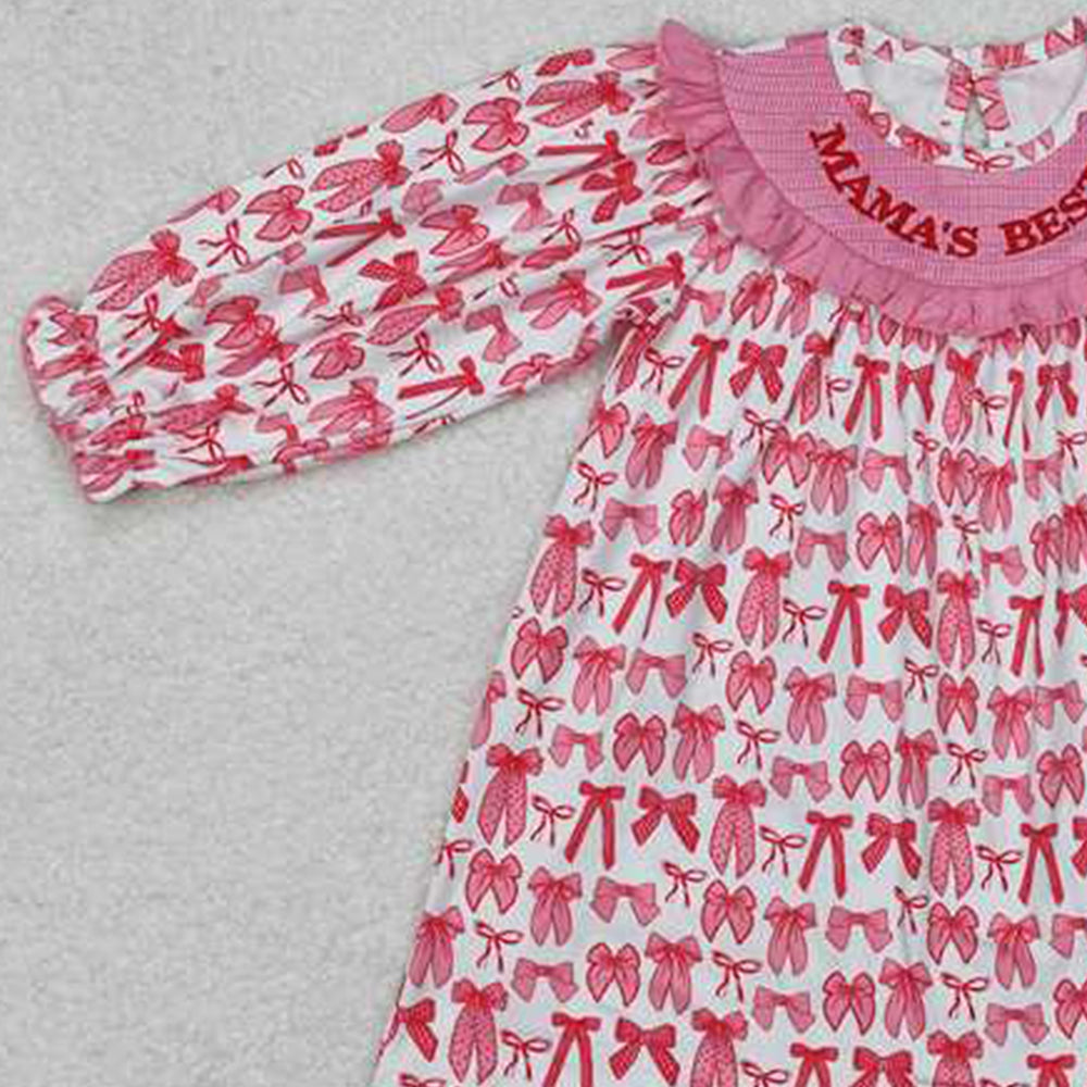 GLD0990Kids Girls Long Sleeve Pink Bow Dress Mama's Bestie Elegant Children's Fashion Dress for Special Occasions