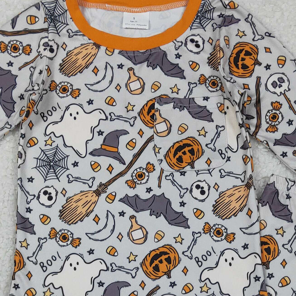 RTS NO MOQ (In stock)BLP1147 Baby Boys Winter Outfits Baby Boys Ghost Pumpkins Bats Top Pant Halloween Pajamas Set