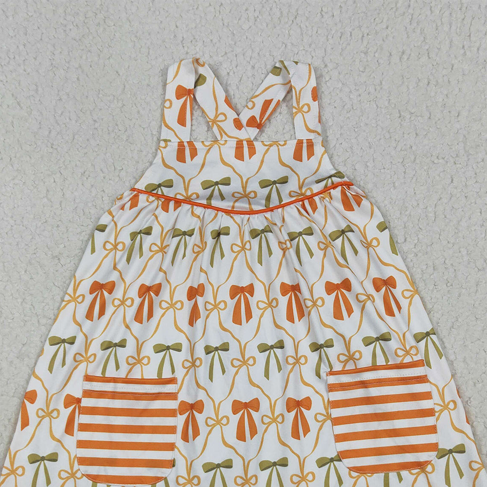 RTS NO MOQ (In stock)GSD2676 Baby Girls Summer Dress Baby Girls Straps Orange Bows Plaid Stripe Pockets Knee Length Dresses