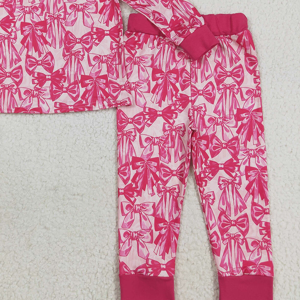 RTS NO MOQ (In stock)GLP2539 Baby Girls Winter Outfits Baby Girls Hot Pink Bows Plaid Top Pant Pajamas Set