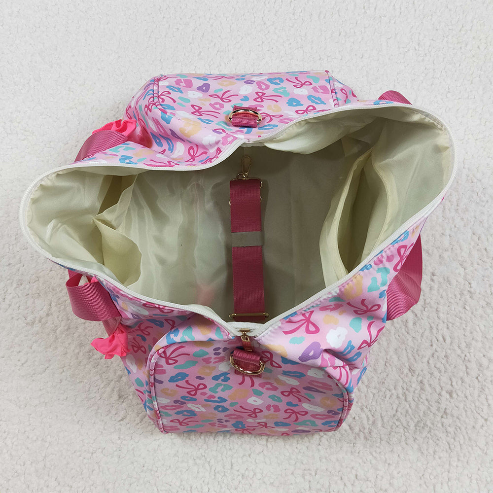 8.22 NO MOQ (In stock)BA0320 Baby Bags Pink Leopard Bows Gym Duffels Weekend Bags