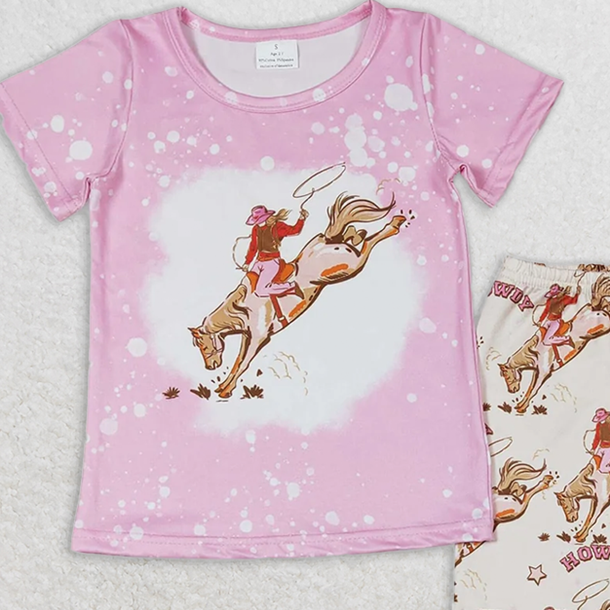 GSPO1487 RTS NO MOQ Baby Girls Spring Outfits howdy riding pink short-sleeved trousers suit