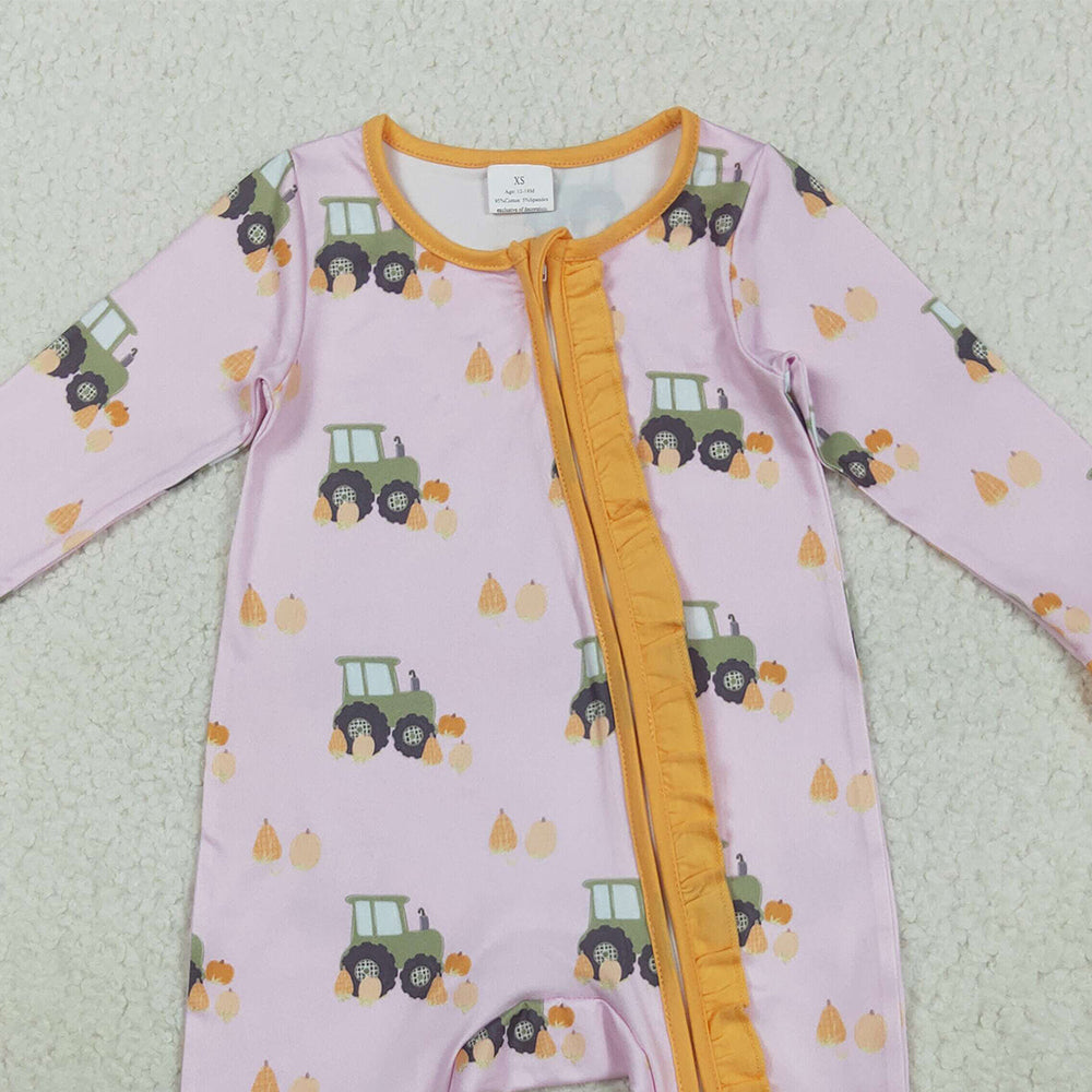 8.22 RTS NO MOQ (In stock)LR2336 Baby Girls Winter Rompers Baby Girls Pink Pumpkins Trucks Fall Ruffle Zipper Footie Rompers