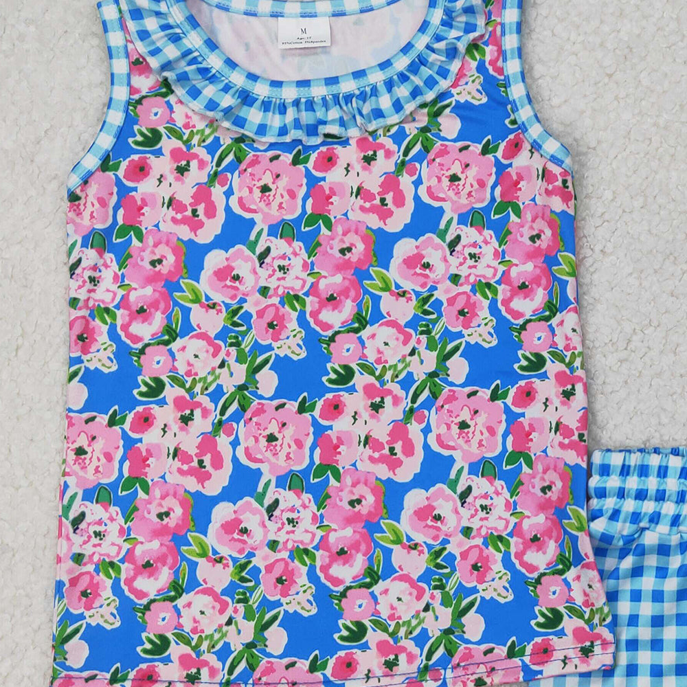 4.07 GSSO2414 RTS NO MOQ Baby Girls Summer Outfits Sleeveless floral top blue plaid shorts girls summer clothes