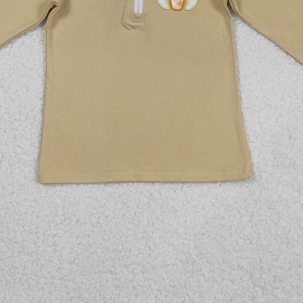 RTS NO MOQ (In stock)BT1293 Baby Boys Long Sleeve Tops Baby Boys Khaki Zipper Pullover Top with Embroidery Pumpkins Design Cute And Cozy Baby Clothing