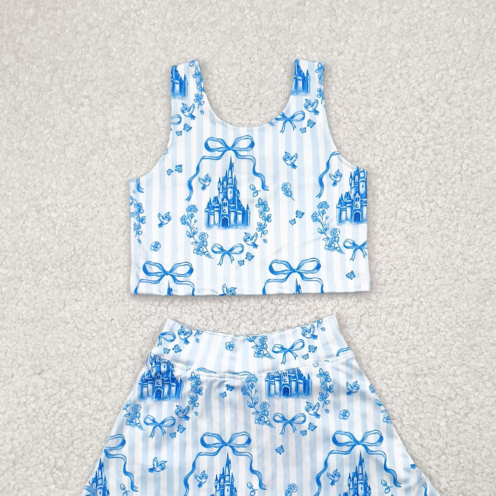 USA Shop (in stock)GSD2198 Baby Girls Yoga Outfits Sleeveless light blue bow castle top skirt girls active wear set