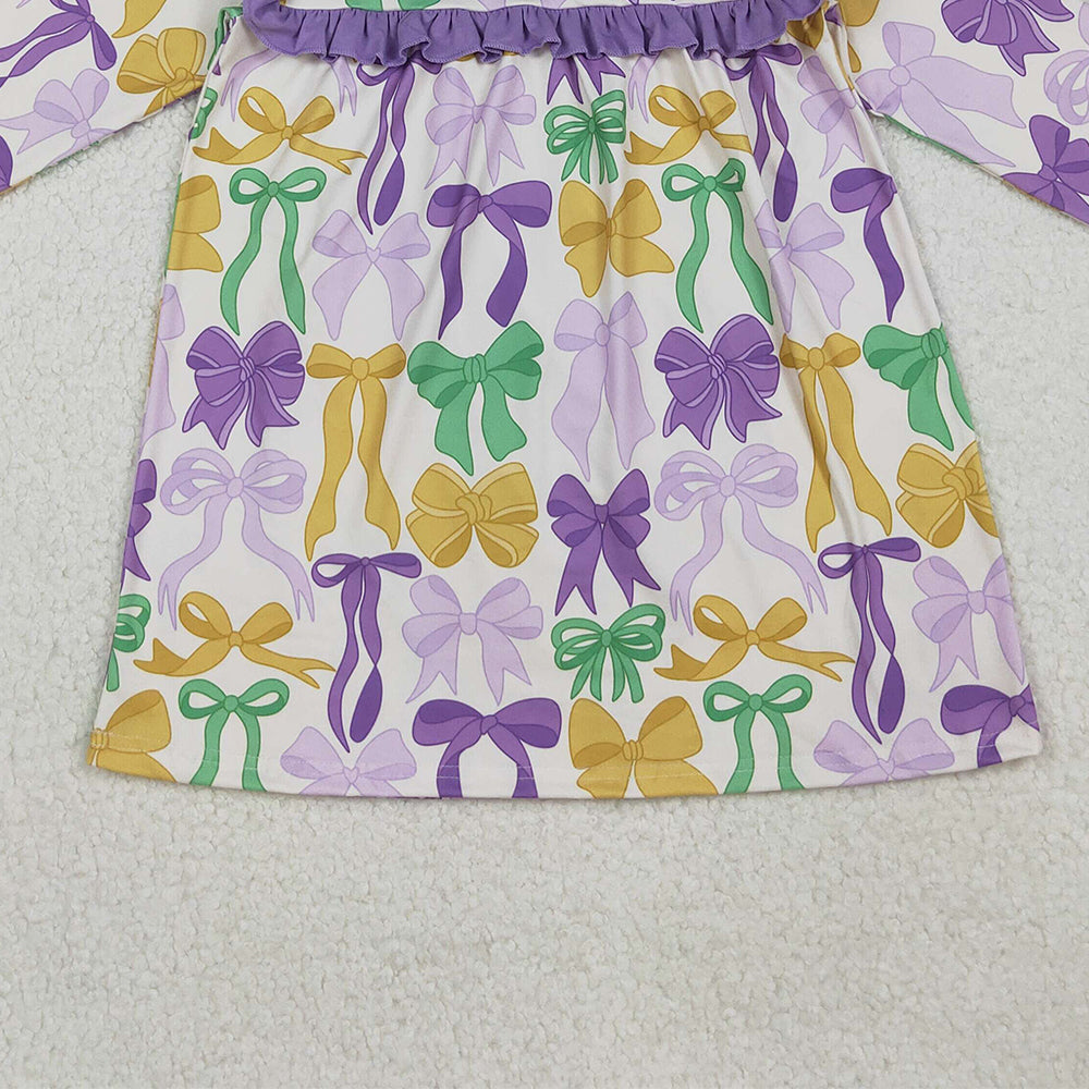 9.30 RTS NO MOQ (In stock)GLD1295 Baby Girls Winter Dress Baby Girls Mardigras Bows Ruffle Sleeve Knee Length Dresses