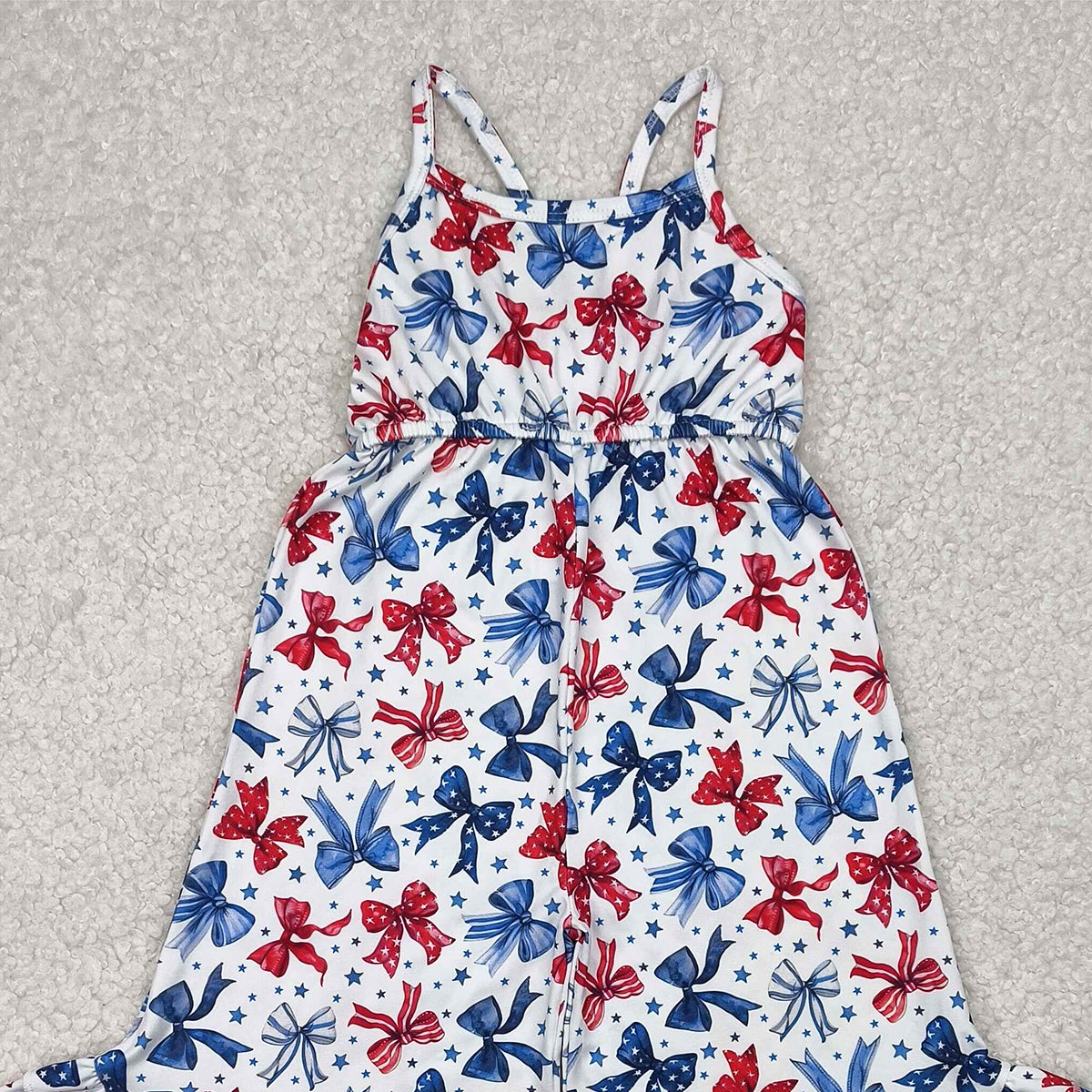 6.09 SR2865 RTS NO MOQ Baby Girls Summer Jumpsuits Straps stars blue red bow girls 4th of july jumpsuit