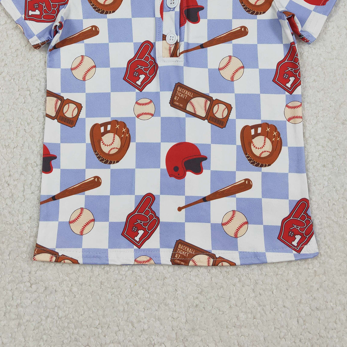 12.18 RTS NO MOQ (In stock)BT1577 Baby Boys Blue Checked Baseballs Team Button Polo Shirts Top