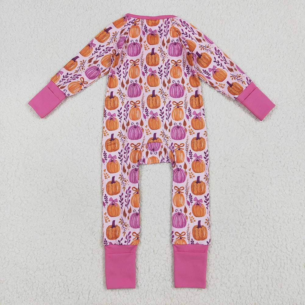 8.15 USA Shop (in stock)LR2270 Baby Winter Rompers Baby Girls Long Sleeves Hot Pink Floral Pumpkins Zipper Rompers