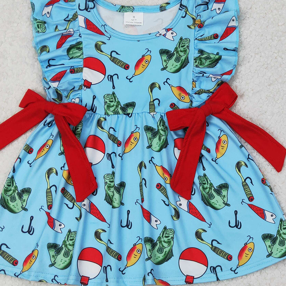 4.12 GSSO2097 RTS NO MOQ Baby Girls Blue Sleeveless Fishes Red Bows Tunic Ruffle Short Hunting Set