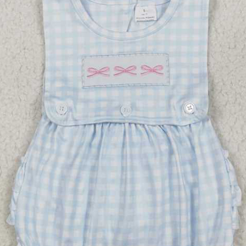 4.17 SR2203 RTS NO MOQ Sleeveless bow embroidery plaid ruffle baby girls romper