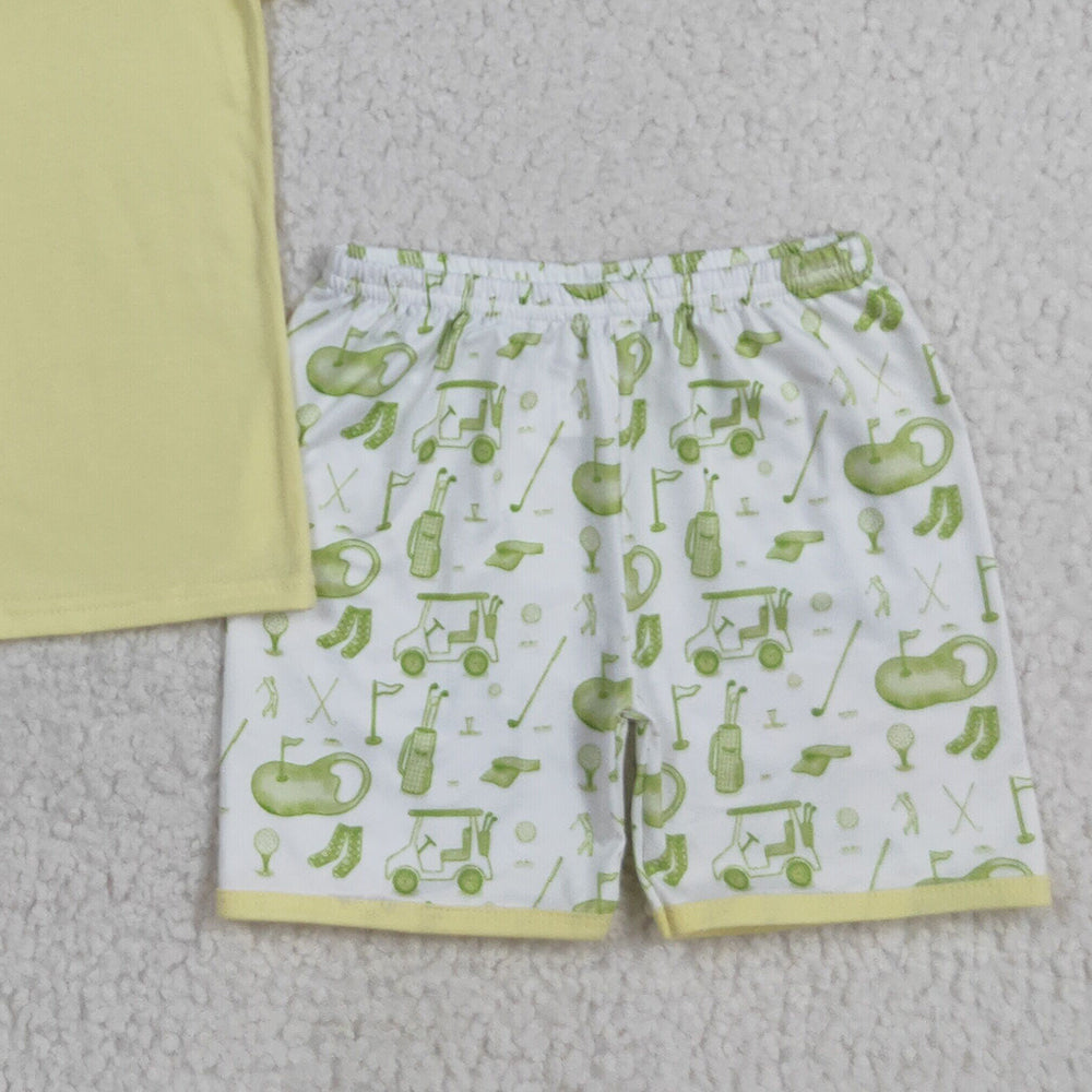 RTS NO MOQ (In stock)BSSO1546 Baby Boys Summer Boys Outfits Baby Boys Yellow Button Pullovers Top Golf Short Clothes Set