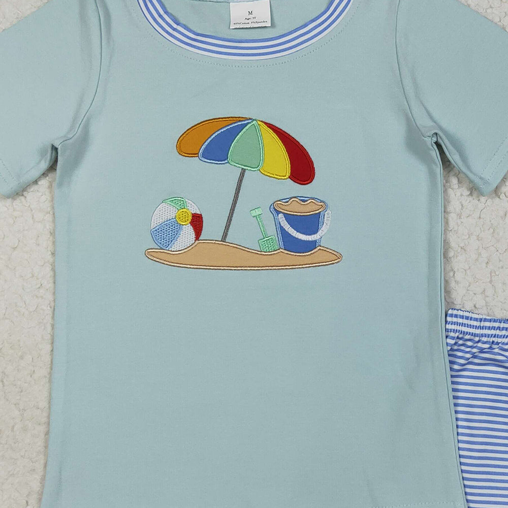 8.18 BSSO1485 RTS NO MOQ Baby Boys Summer Boys Outfits Embroidery Baby Boys Short Sleeves Beach Top Blue Stripe Short Set