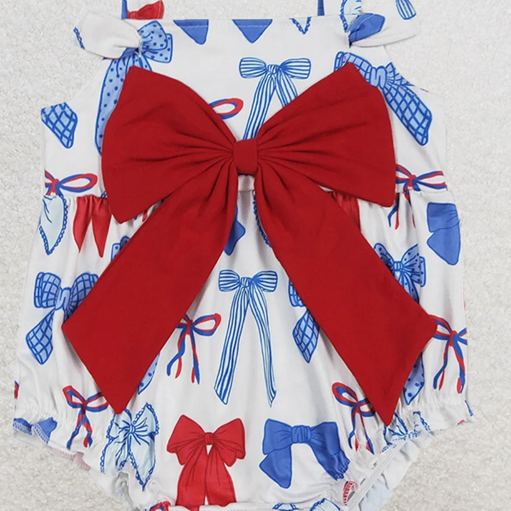4.08 SR2606 RTS NO MOQ Baby Girls Summer Romper Baby Girls Strap Red Blue Bows 4th Of July Romper