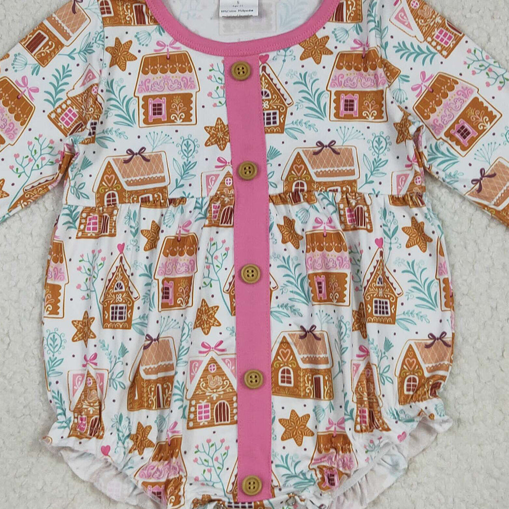 RTS NO MOQ (In stock)LR2282 Baby Girls Winter Rompers Baby Girls Christmas Pink Houses Snowflake Button Ruffle Rompers