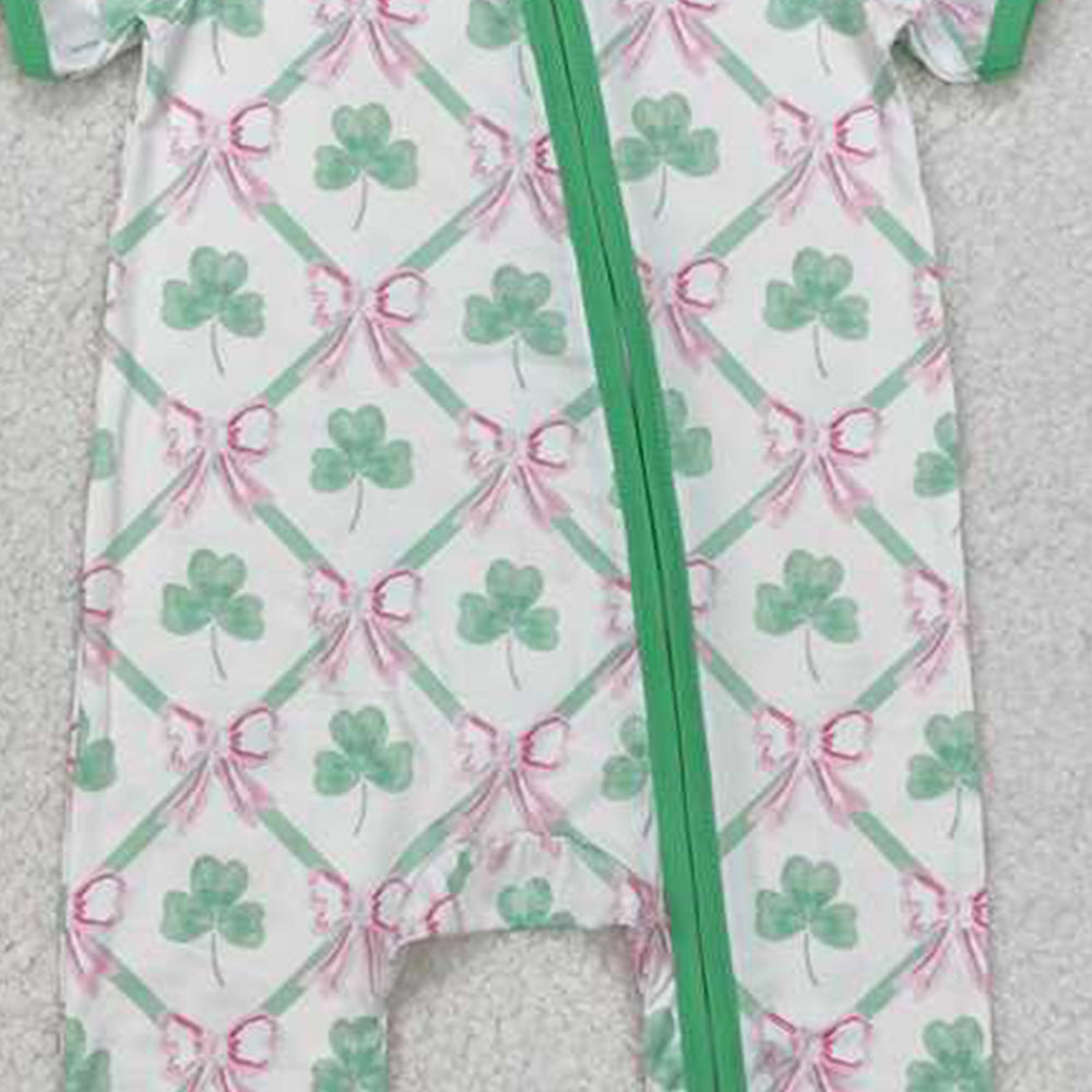 SR2109 RTS NO MOQ Shamrock pink bow baby girls St Patrick's zipper romper