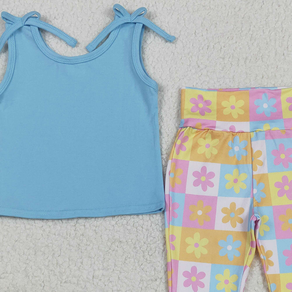 7.02 GSPO2017 RTS NO MOQ Baby Girls Spring Outfits Baby Girls Blue Top Flowers Plaid Bell Bottom Pants Sets