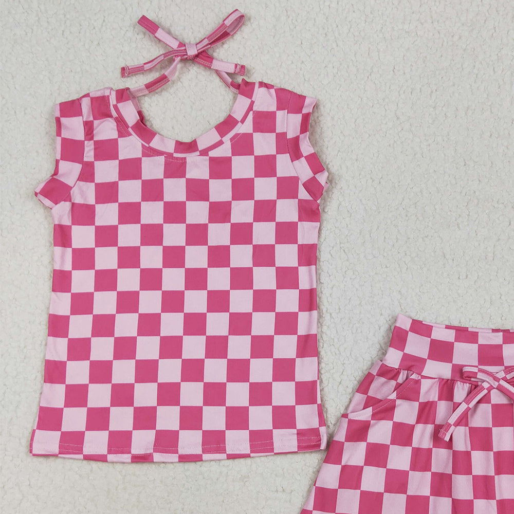 8.13 GSD2584 RTS NO MOQ Baby Girls Summer Outfits Baby Girls Sleeveless Pink Plaid Top Pockets Short Skirts Set