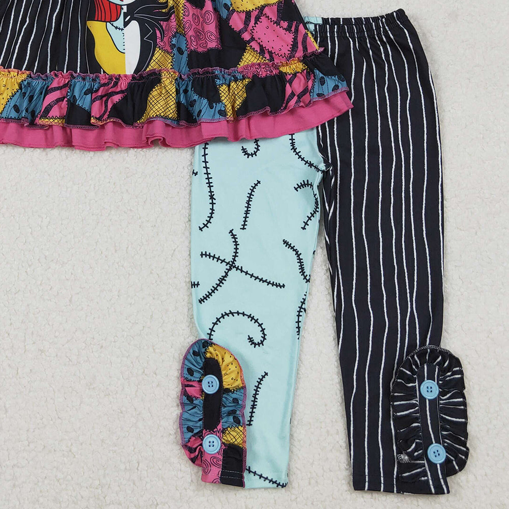 RTS NO MOQ (In stock)GSPO2056 Baby Girl Autumn Outfits Cartoon Ghost Tunic Stripes Leggings Halloween Sets