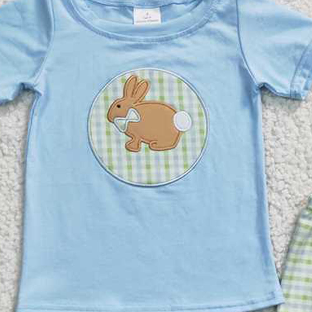 BSSO0130 RTS NO MOQ Rabbit embroidery cotton shirt plaid shorts boy easter outfits