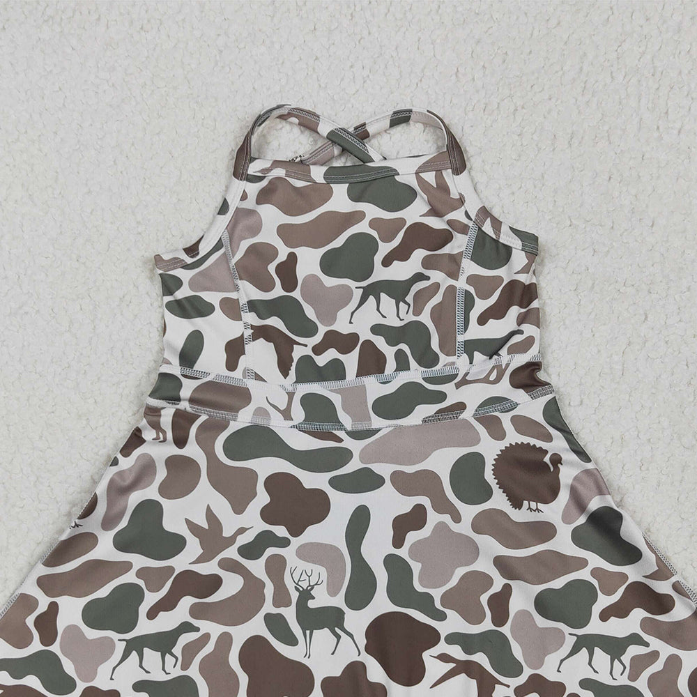 USA Shop (in stock) GSD2311 Baby Girls Summer Yoga Dress Baby Girls Strap Green Deer Dogs Ducks Camo Yoga Ruffle Knee Length Dresses