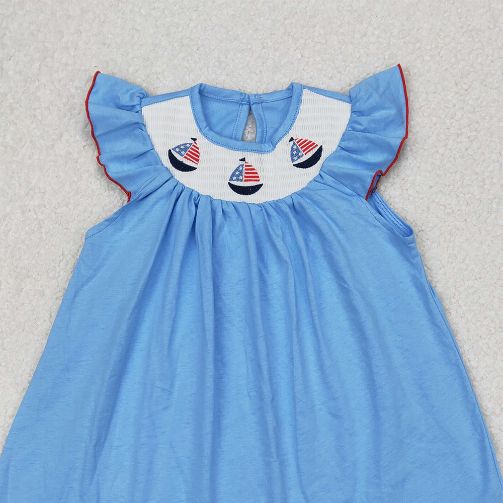 4.30 GSD1818 RTS NO MOQ Light blue boat smocked girls 4th of july dresses