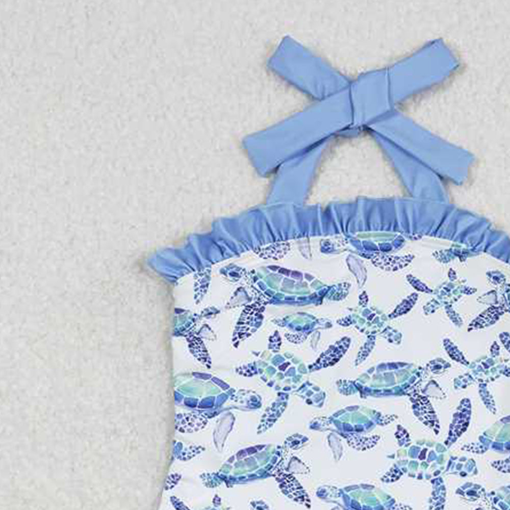 S0430Girls Turtle Halter One Piece Swimsuit Summer Fun Floral Print Swimwear for Kids