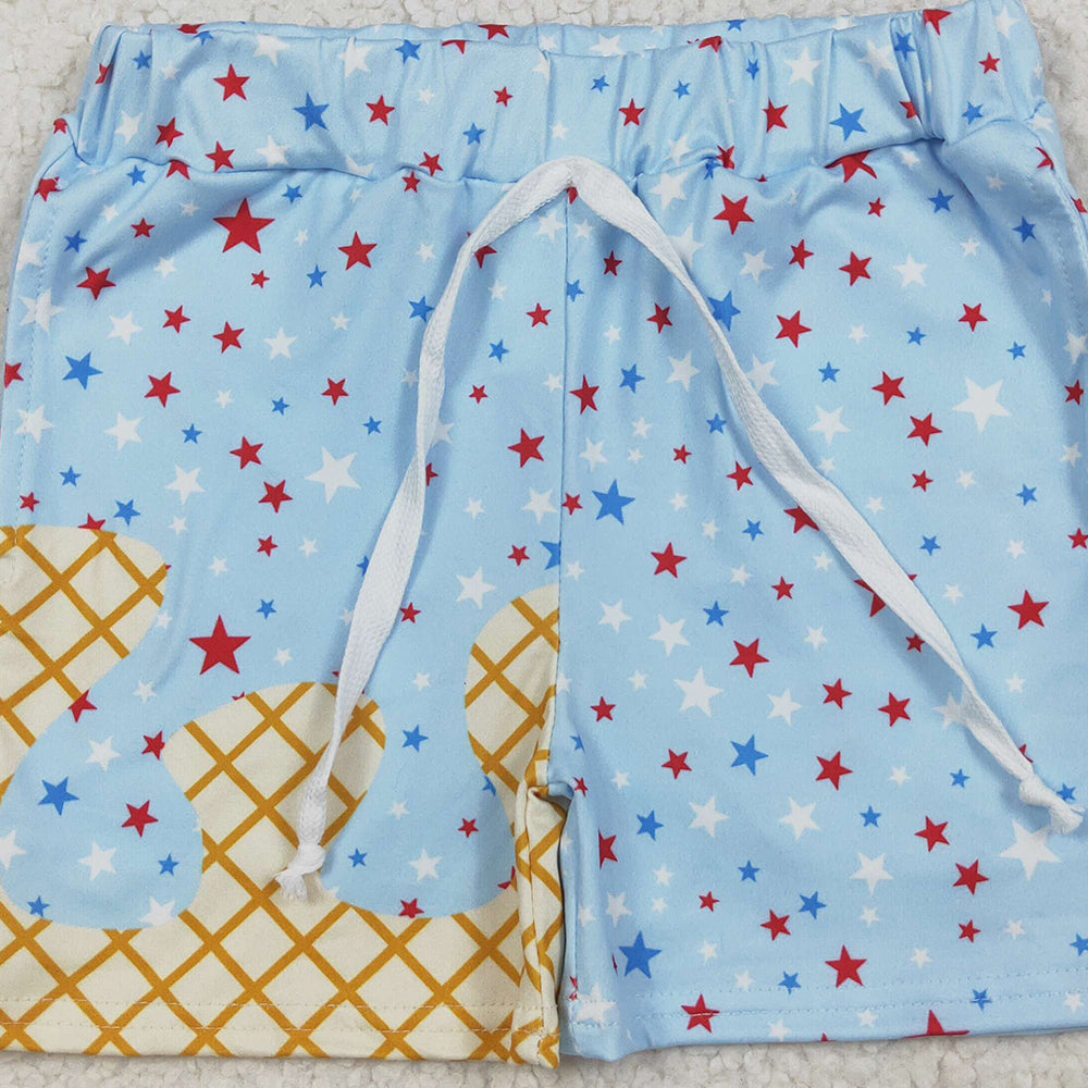 7.08 SS0610 RTS NO MOQ Baby Boys Summer Shorts Baby Boys Light Blue Drip Stars Pockets Team Shorts Bottom