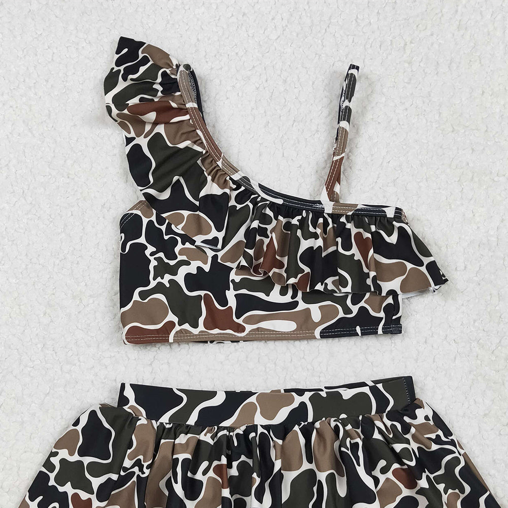 S0481RTS NO MOQ Baby Girls Summer Swimsuits Brown camo ruffle kids girls two pieces swimsuits