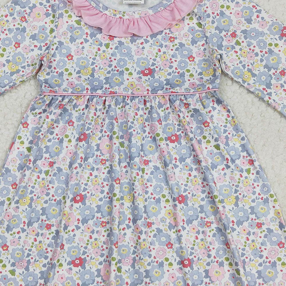RTS NO MOQ (In stock)GLD1120 Baby Girls Winter Dress Baby Girls Fall Pink Blue Floral Flowers Knee Length Dresses